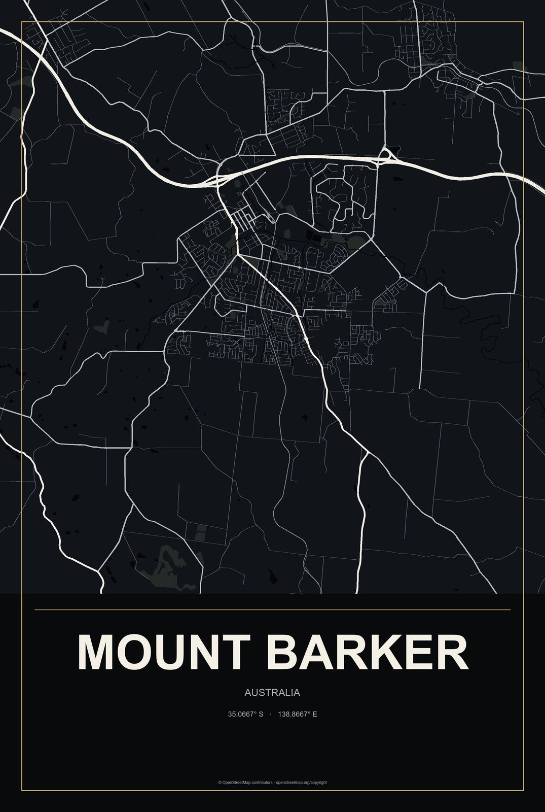 Mount Barker, Australia City Map Aluminum Sign in Metropolitan Noir style