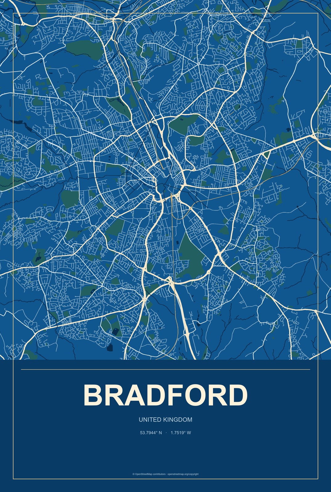 Bradford, United Kingdom City Map Aluminum Sign in Harbor Cobalt style