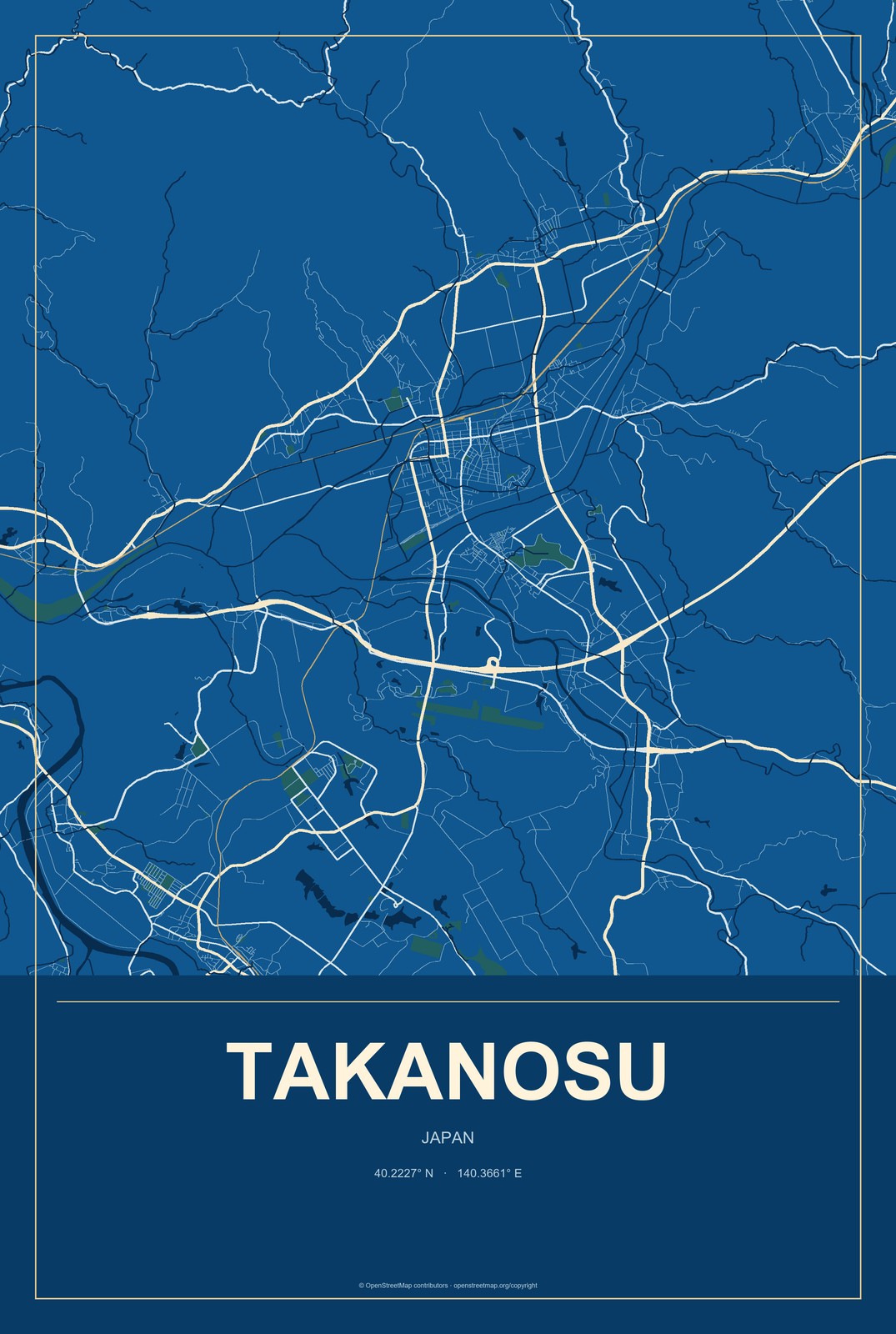 Takanosu, Japan City Map Aluminum Sign in Harbor Cobalt style