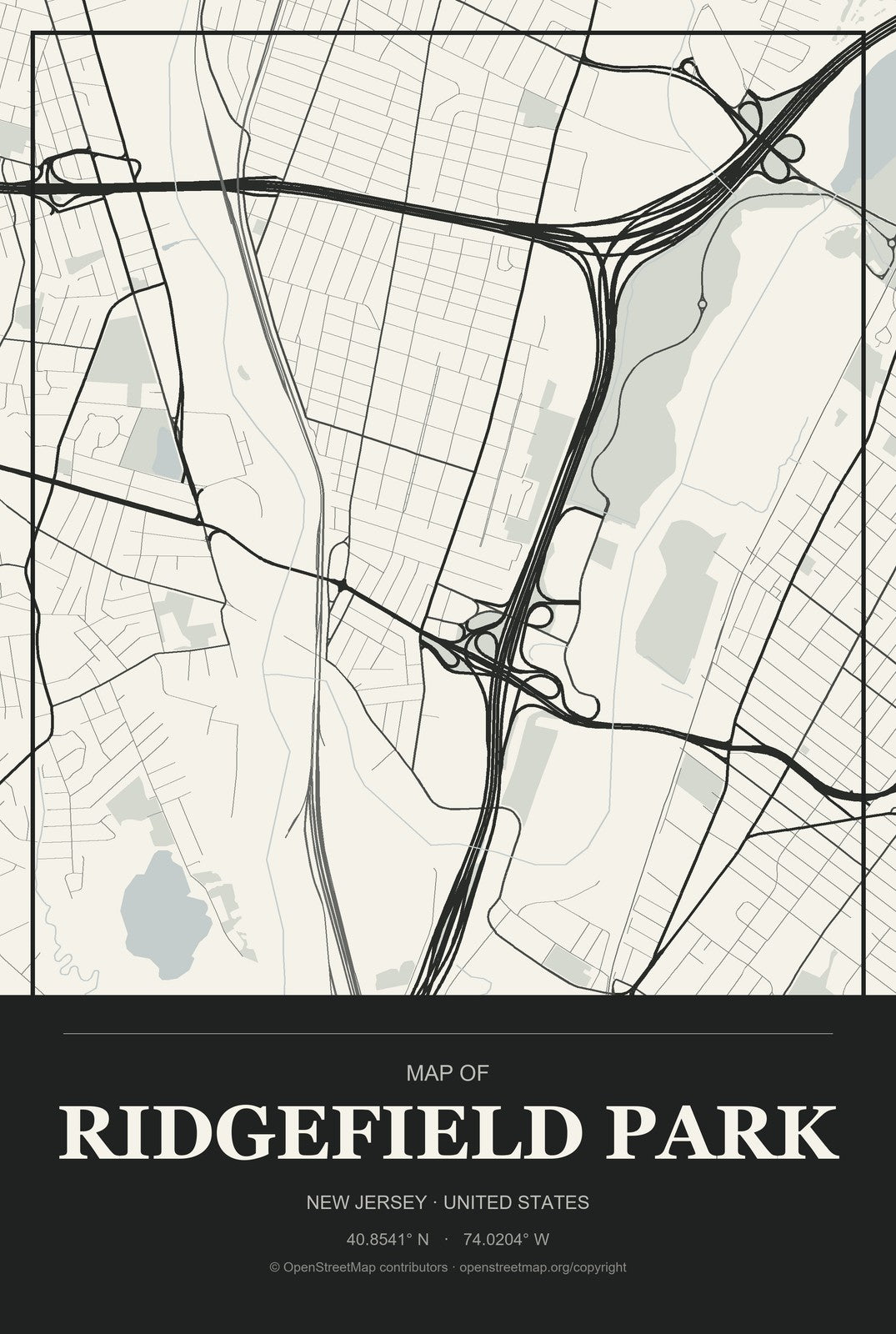 Ridgefield Park, New Jersey City Map Aluminum Sign in Museum Plaque style