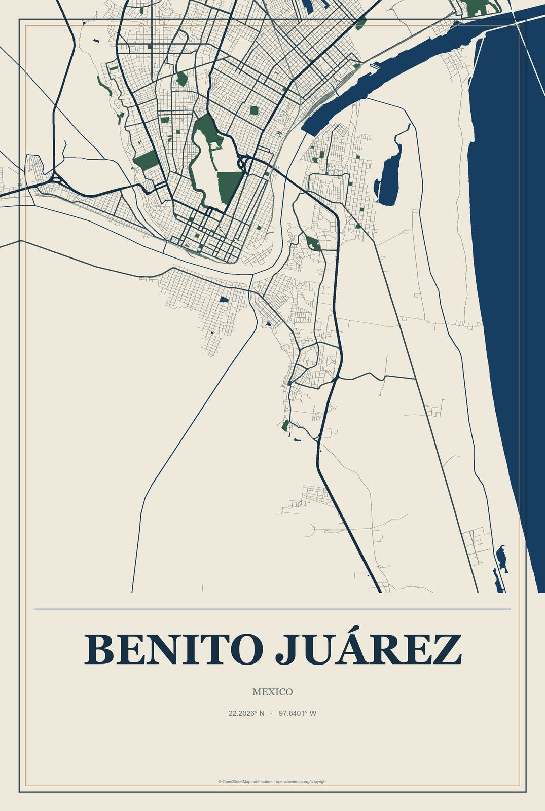 Benito Juárez, Tabasco, Mexico City Map Aluminum Sign in Coastal Cutout style