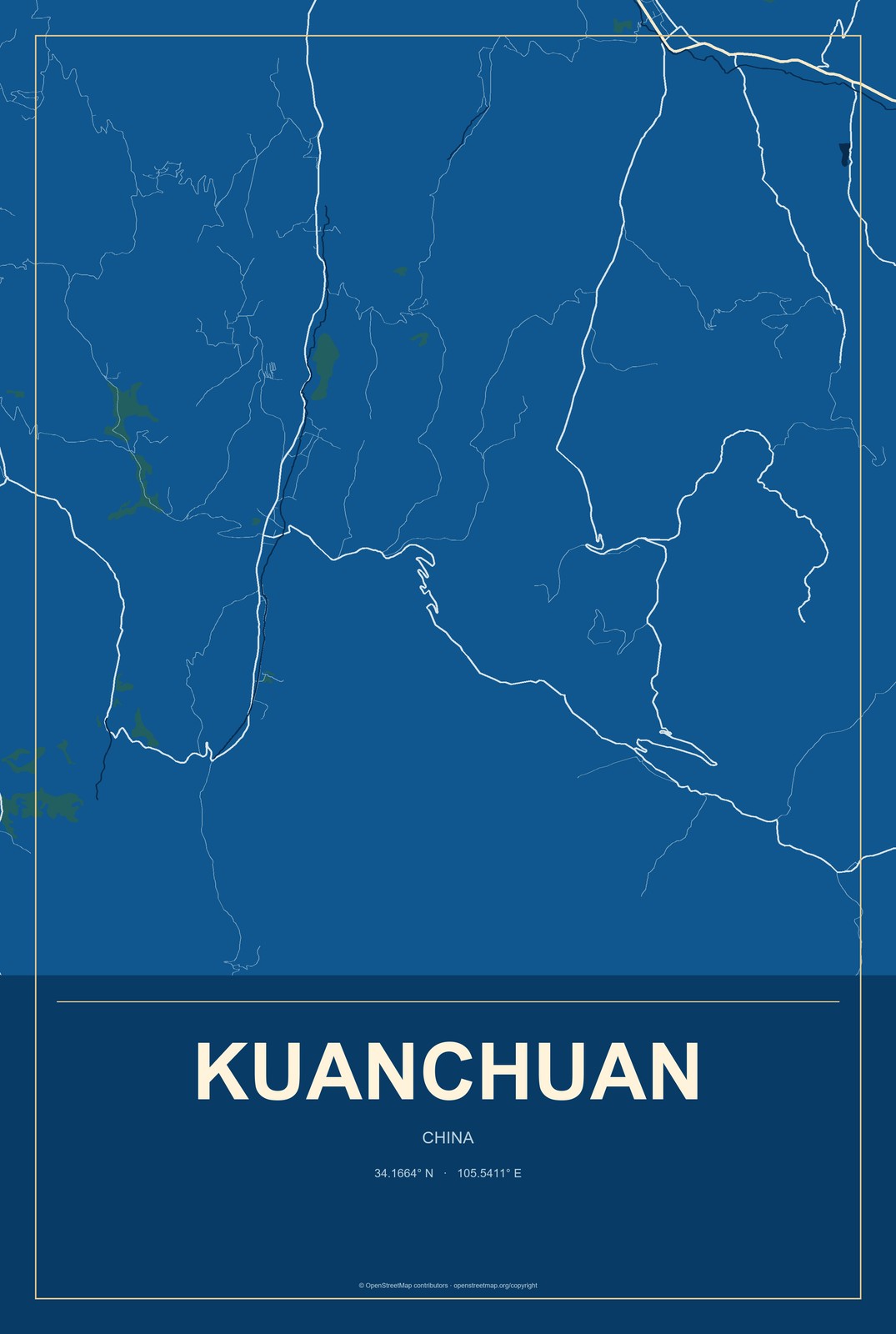 Kuanchuan, China City Map Aluminum Sign in Harbor Cobalt style
