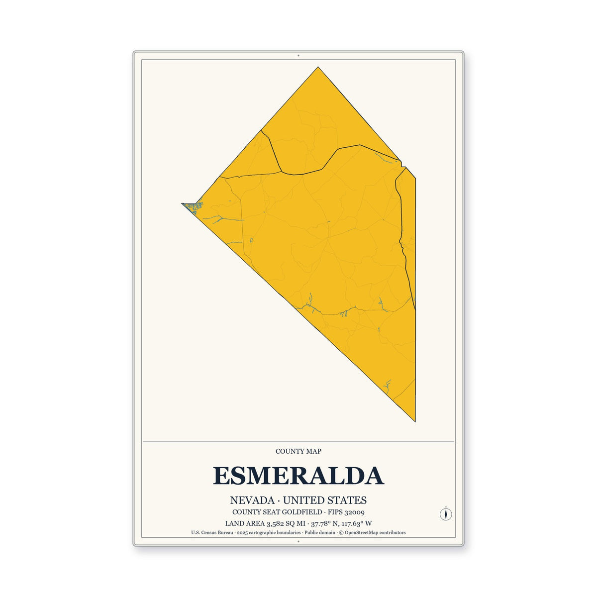 Esmeralda County, Nevada Map Aluminum Sign in Citrine Modern style