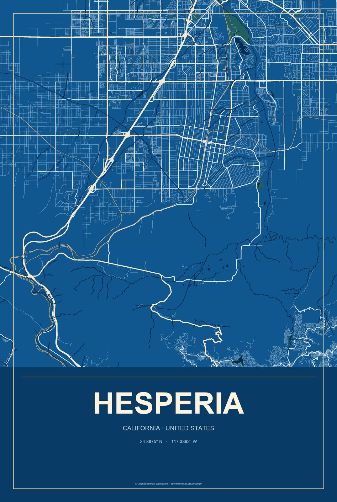 Hesperia, California City Map Aluminum Sign in Harbor Cobalt style