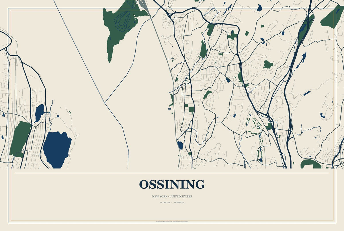 Ossining, New York City Map Aluminum Sign in Coastal Cutout style