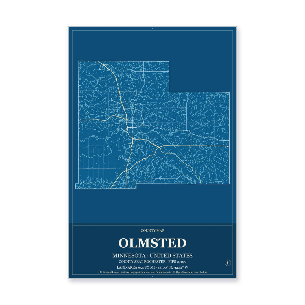 Olmsted County, Minnesota Map Aluminum Sign in Harbor Cobalt style