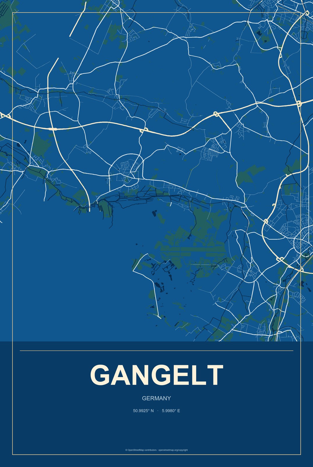 Gangelt, Germany City Map Aluminum Sign in Harbor Cobalt style