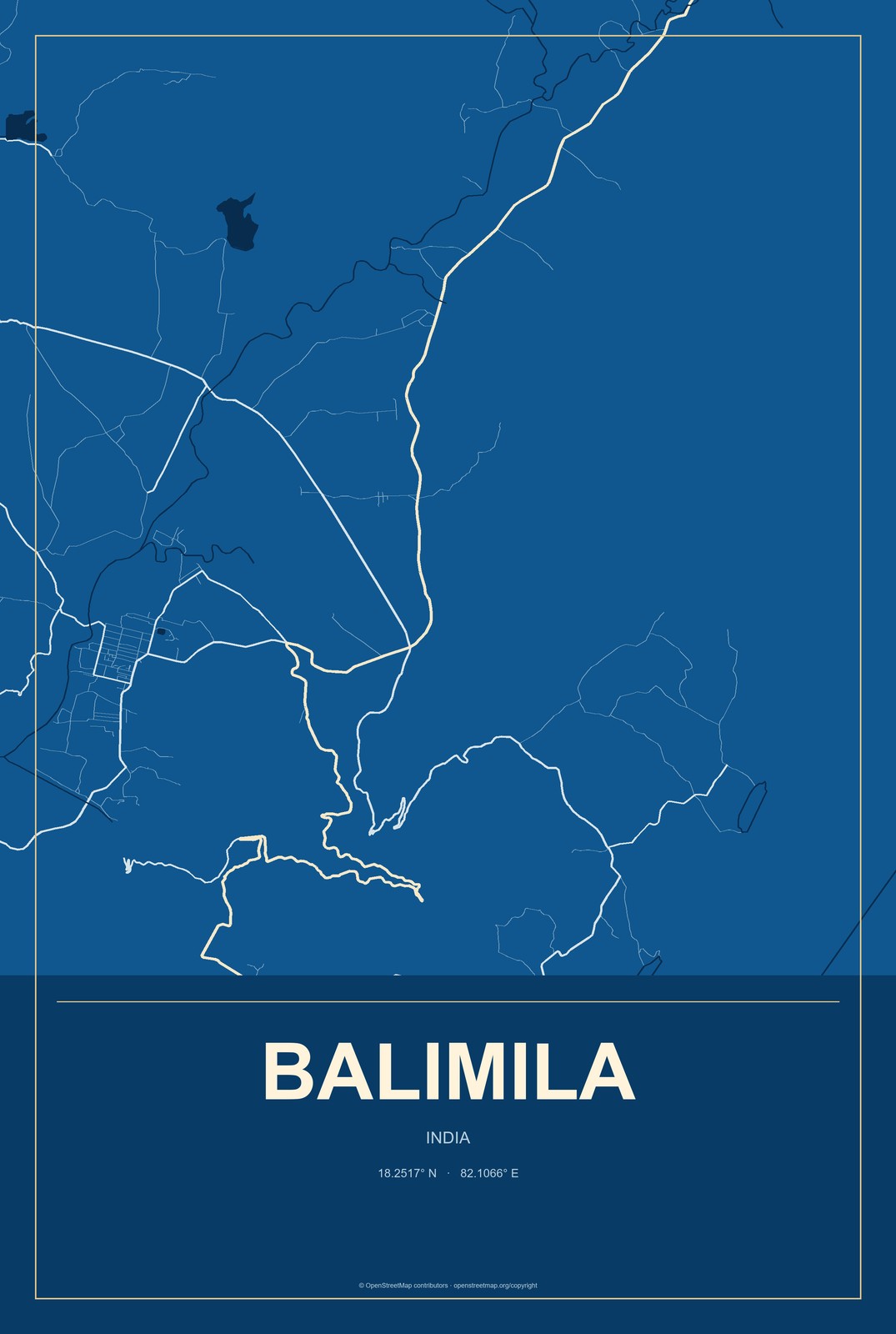 Balimila, India City Map Aluminum Sign in Harbor Cobalt style