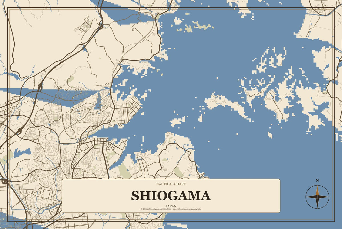 Shiogama, Japan City Map Aluminum Sign in Heritage Nautical style