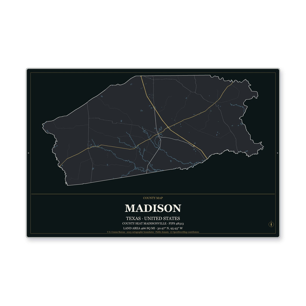 Madison County, Texas Map Aluminum Sign in Metropolitan Noir style