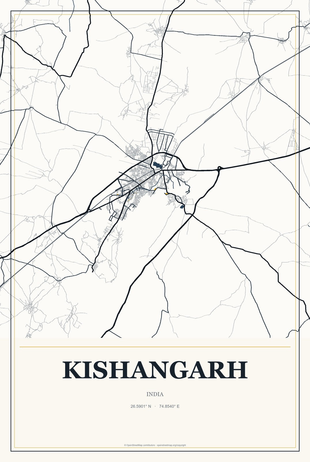 Kishangarh, India City Map Aluminum Sign in Citrine Modern style