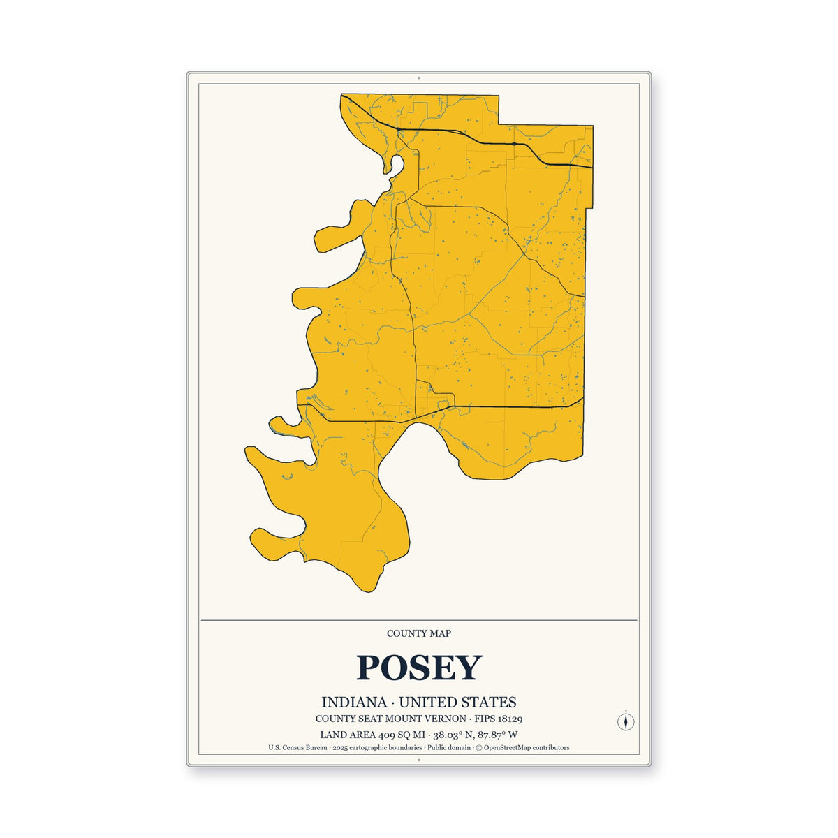 Posey County, Indiana Map Aluminum Sign in Citrine Modern style