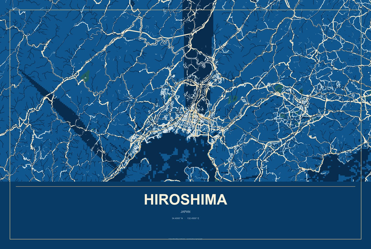 Hiroshima, Japan City Map Aluminum Sign in Harbor Cobalt style