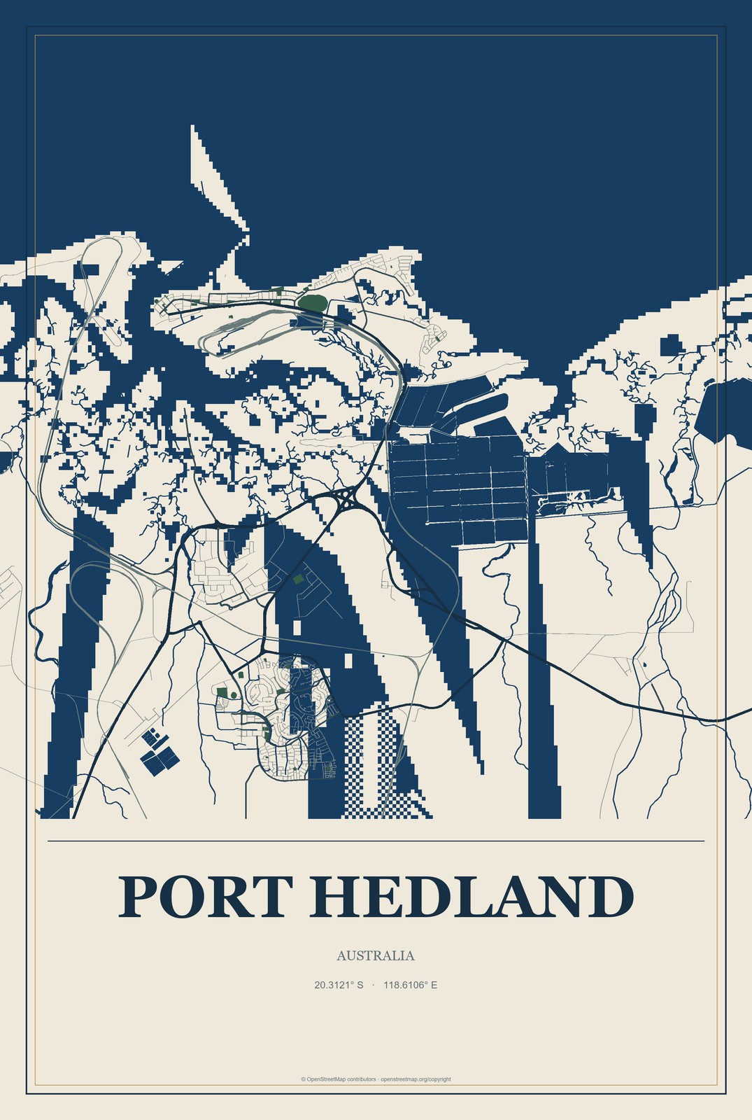 Port Hedland, Australia City Map Aluminum Sign in Coastal Cutout style