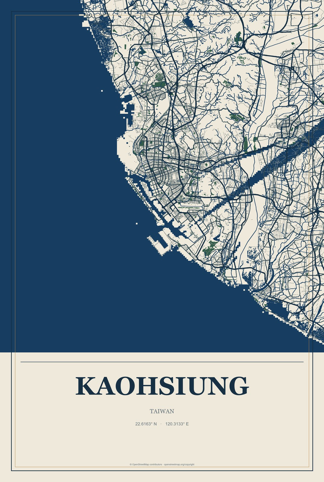 Kaohsiung, Taiwan City Map Aluminum Sign in Coastal Cutout style
