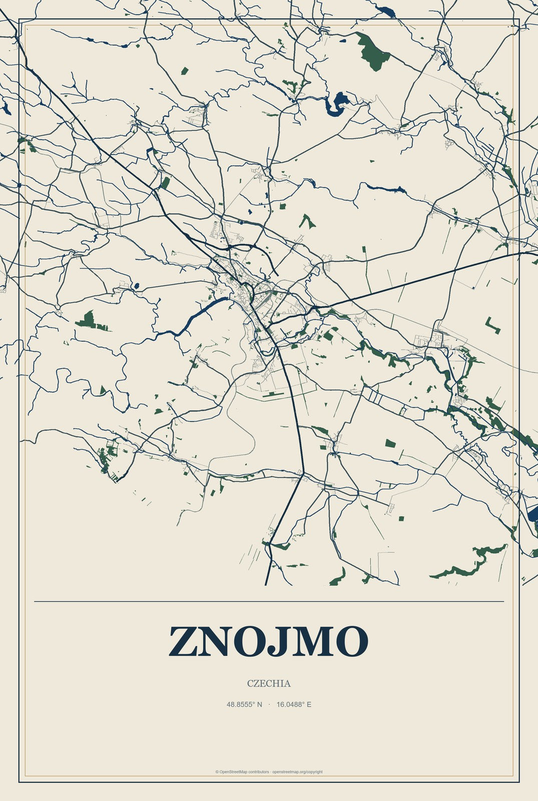 Znojmo, Czechia City Map Aluminum Sign in Coastal Cutout style