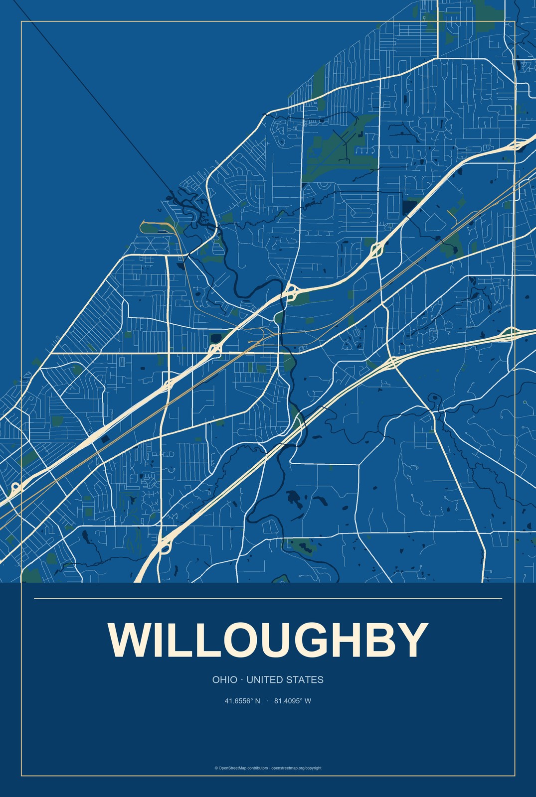 Willoughby, Ohio City Map Aluminum Sign in Harbor Cobalt style
