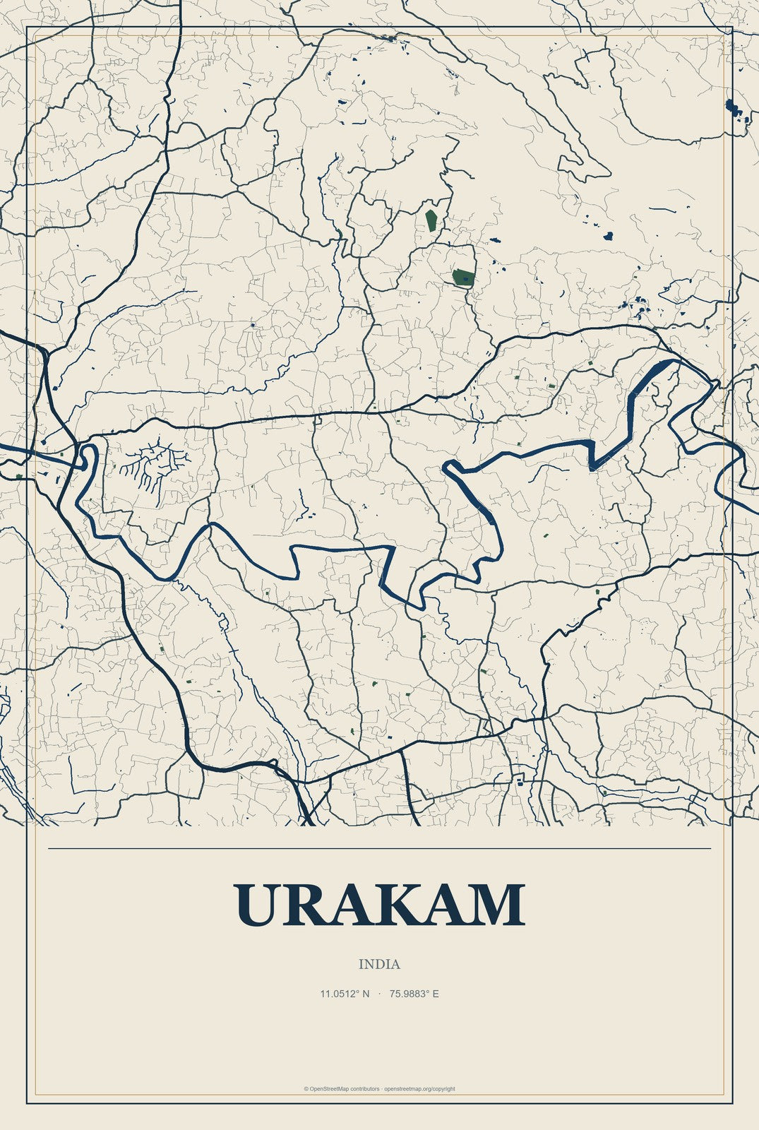 Urakam, India City Map Aluminum Sign in Coastal Cutout style
