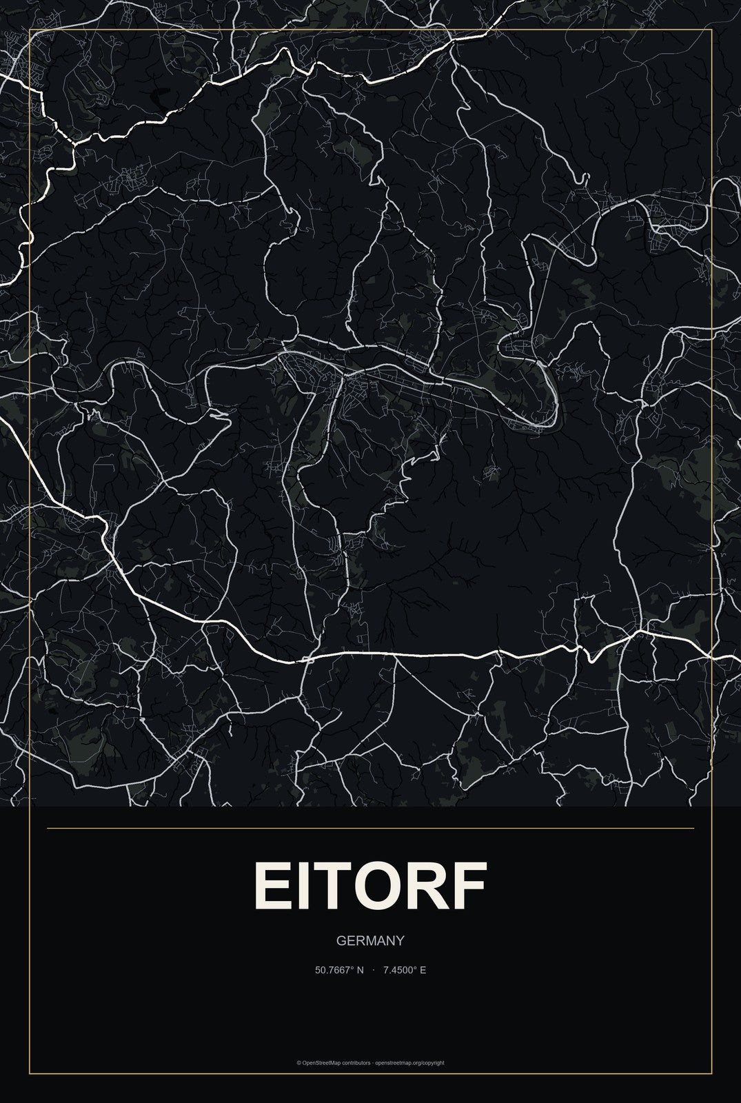 Eitorf, Germany City Map Aluminum Sign in Metropolitan Noir style