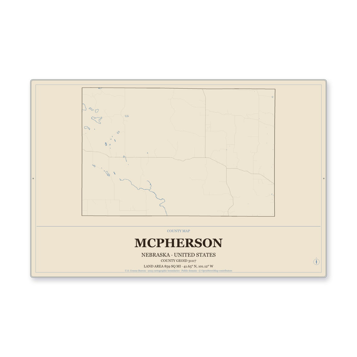 McPherson County, Nebraska Map Aluminum Sign in Heritage Nautical style