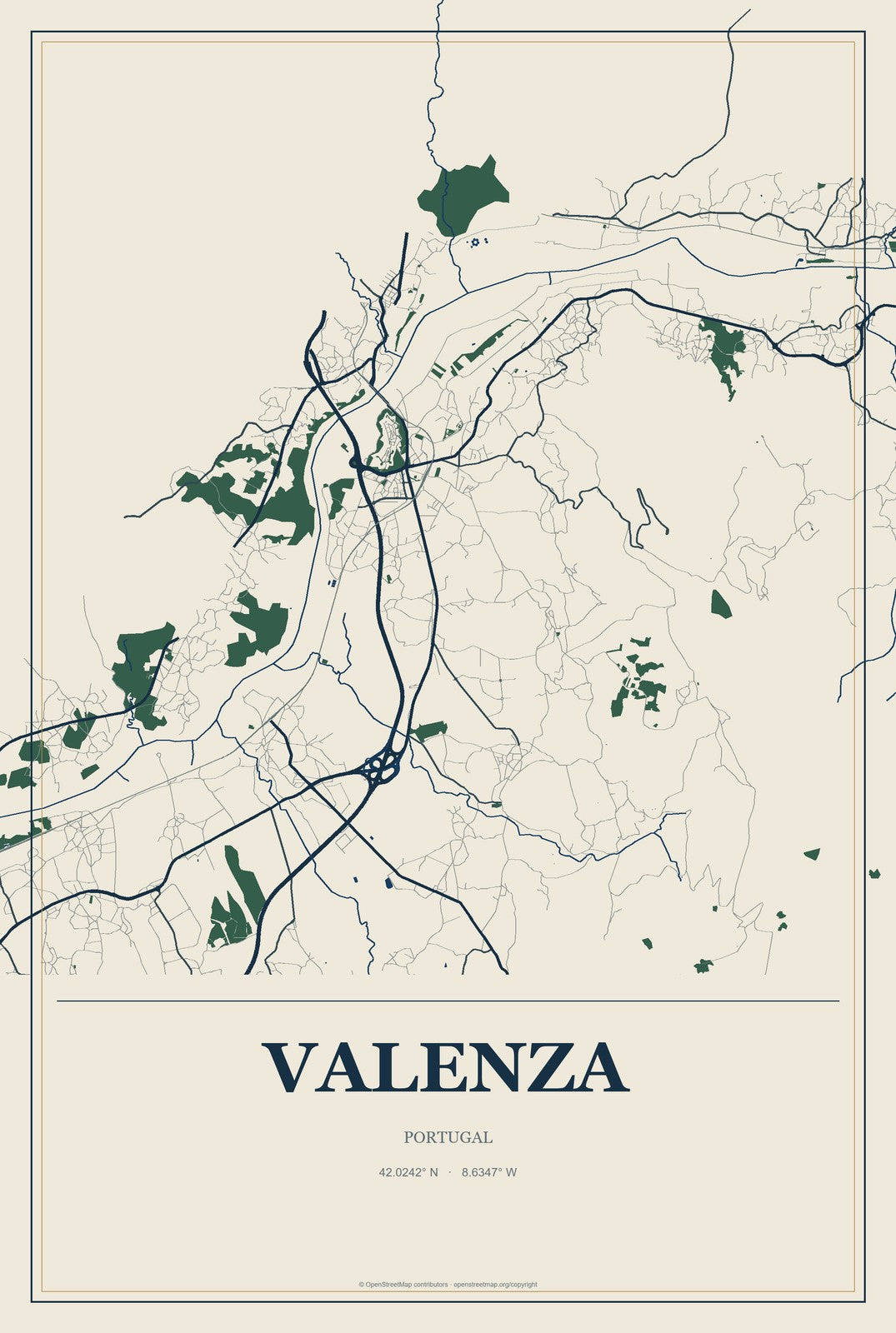 Valenza, Portugal City Map Aluminum Sign in Coastal Cutout style