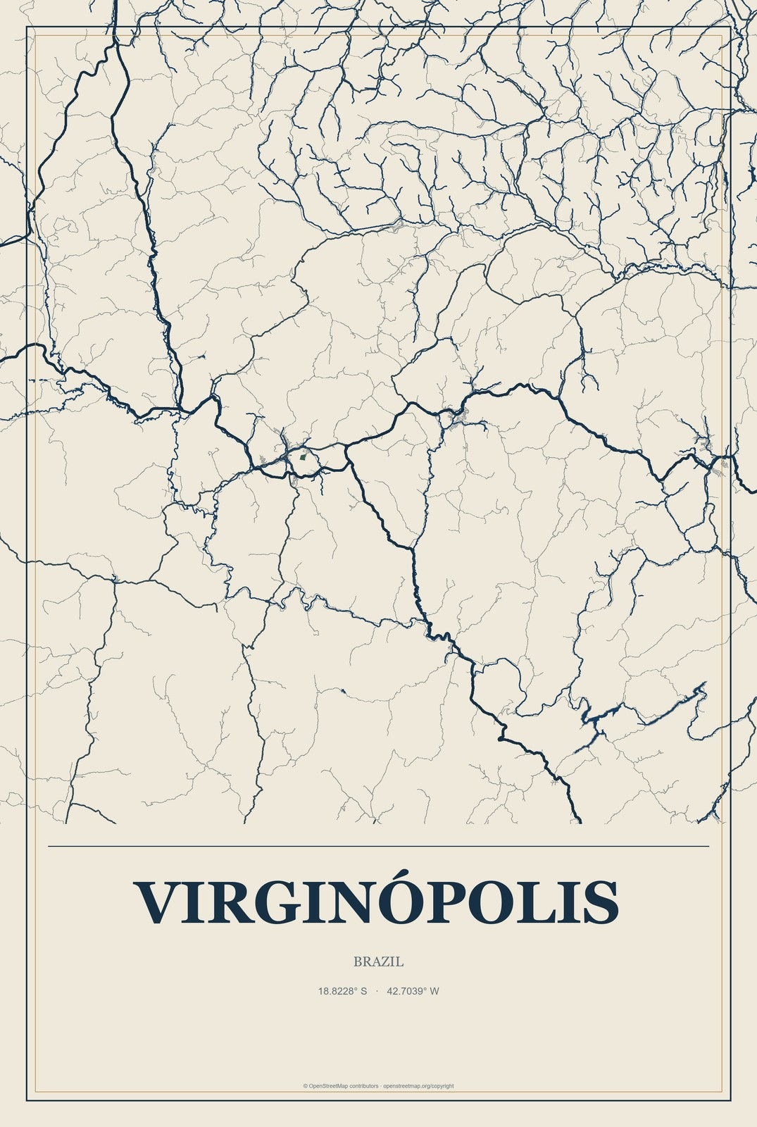 Virginópolis, Brazil City Map Aluminum Sign in Coastal Cutout style