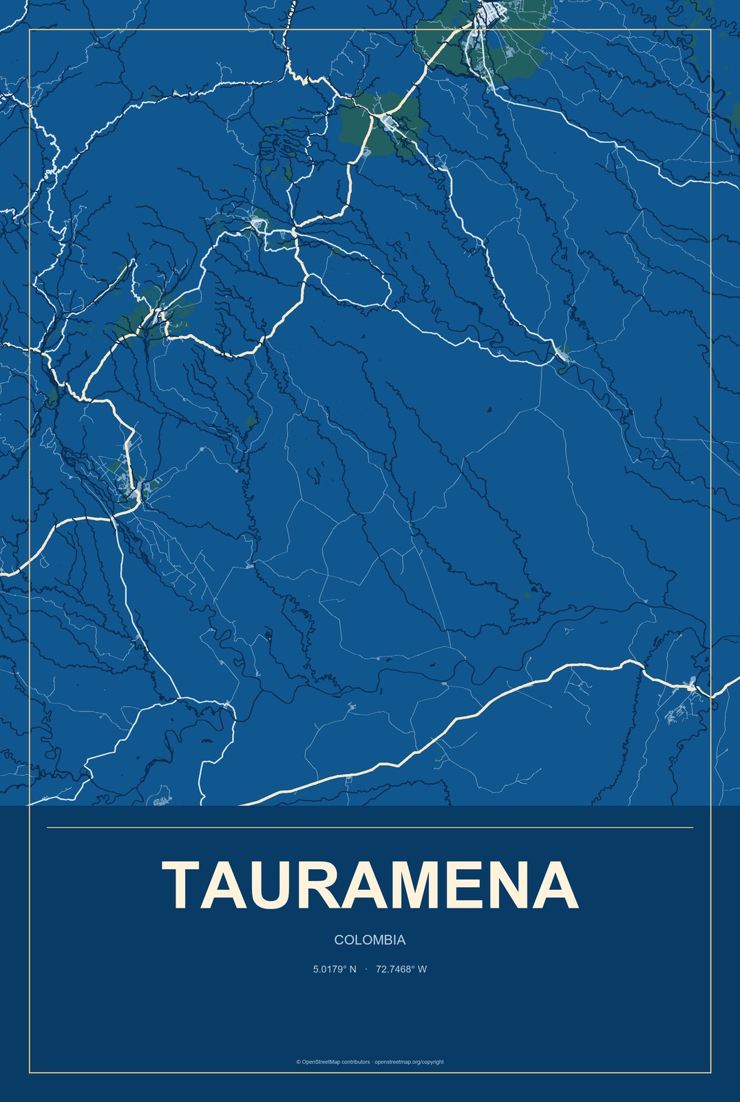 Tauramena, Colombia City Map Aluminum Sign in Harbor Cobalt style
