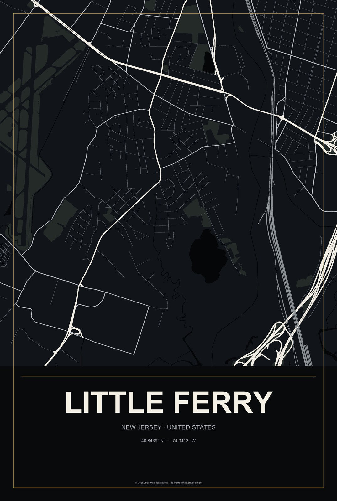 Little Ferry, New Jersey City Map Aluminum Sign in Metropolitan Noir style