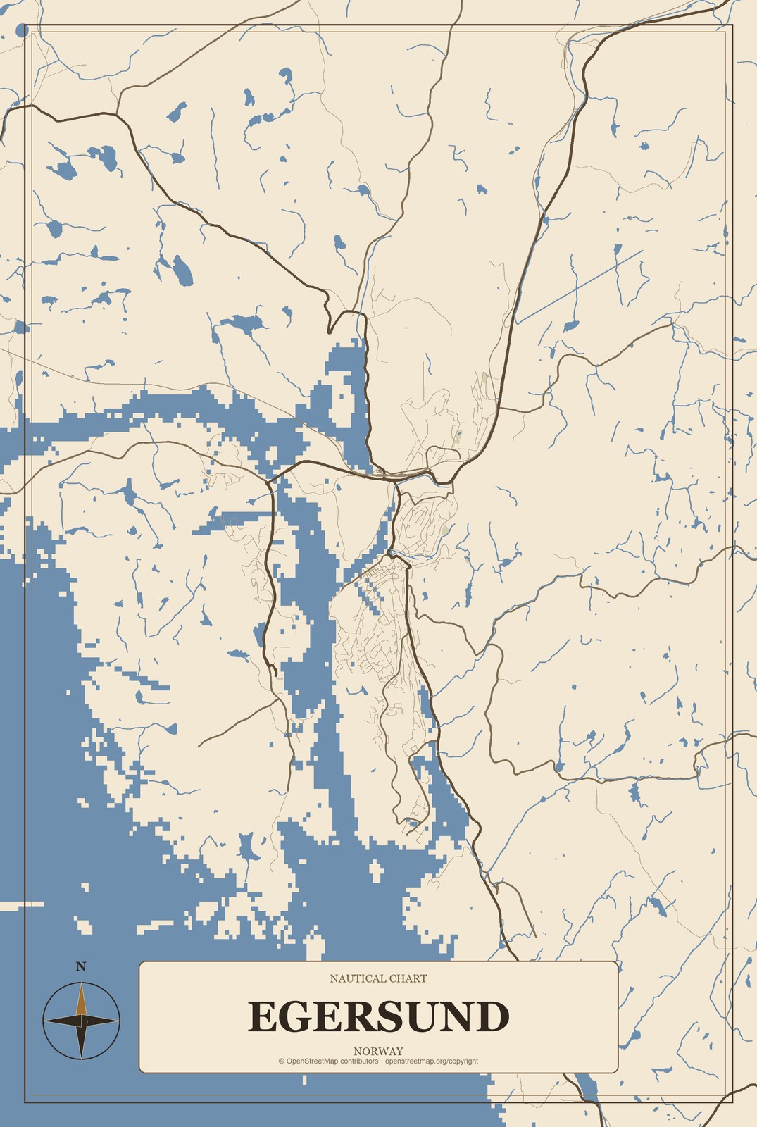 Egersund, Norway City Map Aluminum Sign in Heritage Nautical style