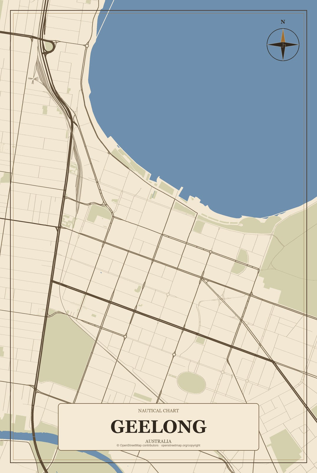 Geelong, Australia City Map Aluminum Sign in Heritage Nautical style