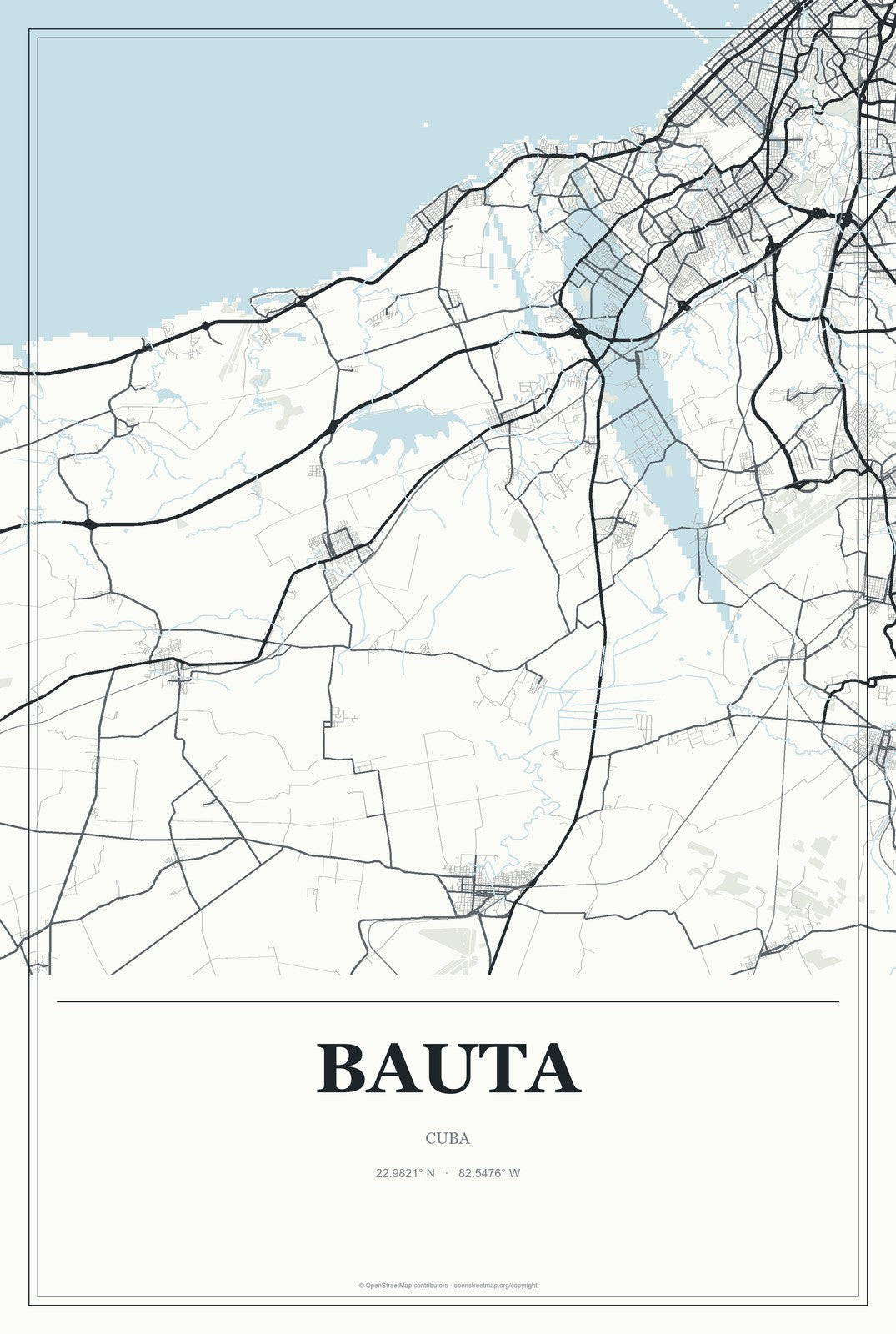 Bauta, Cuba City Map Aluminum Sign in Gallery Air style