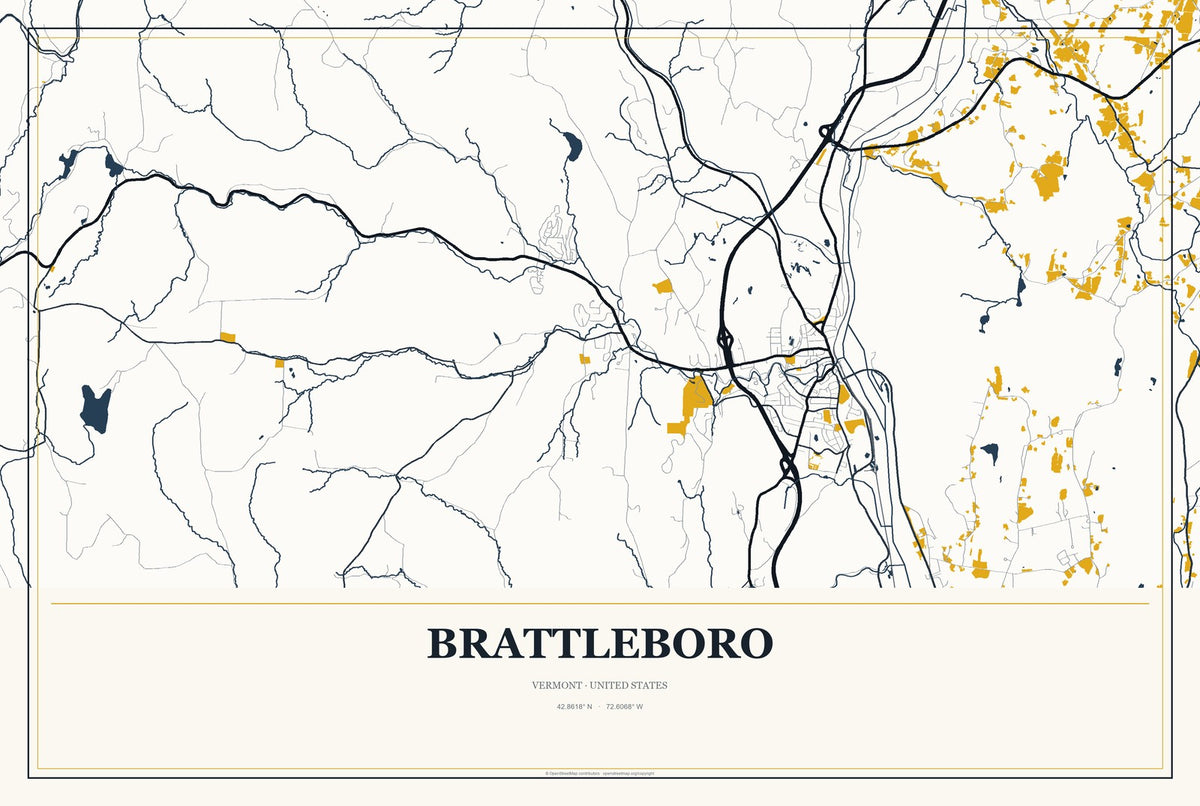 Brattleboro, Vermont City Map Aluminum Sign in Citrine Modern style