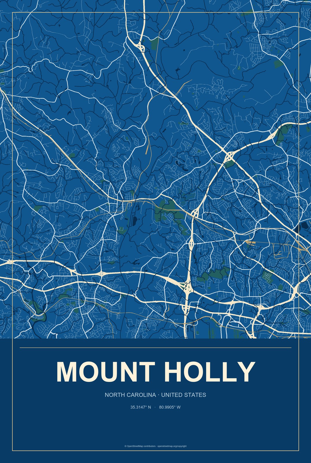 Mount Holly, North Carolina City Map Aluminum Sign in Harbor Cobalt style