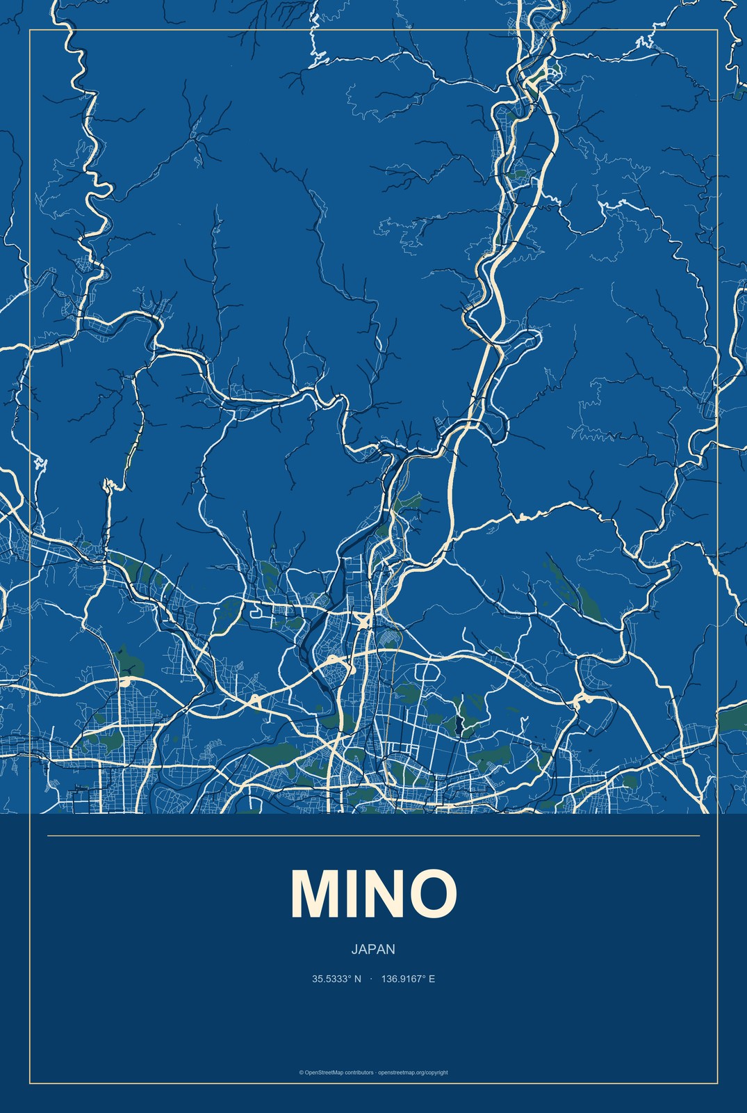 Mino, Japan City Map Aluminum Sign in Harbor Cobalt style