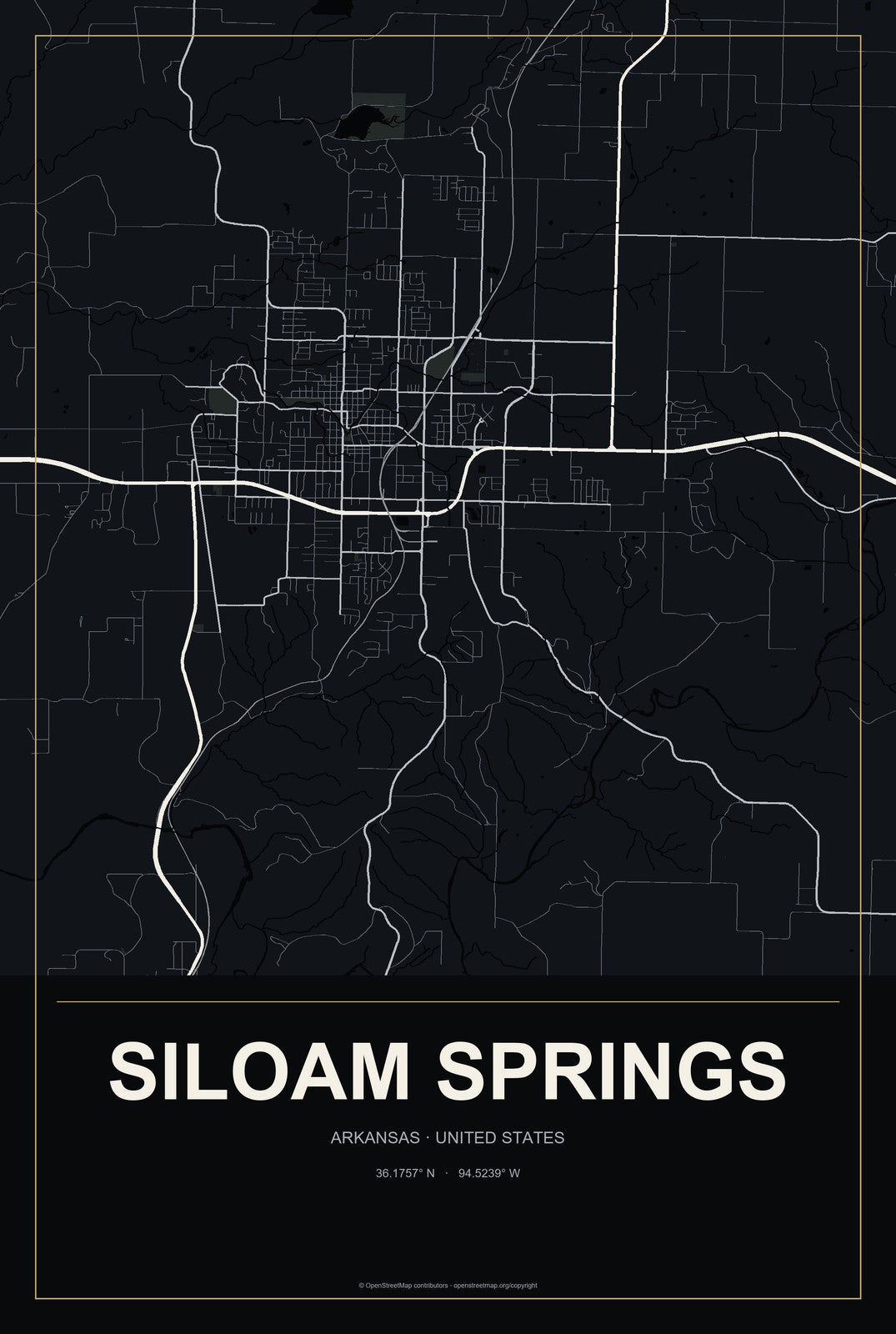 Siloam Springs, Arkansas City Map Aluminum Sign in Metropolitan Noir style