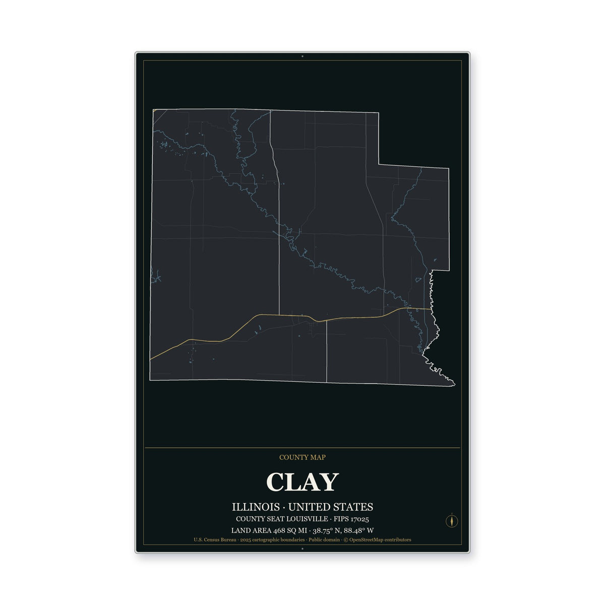 Clay County, Illinois Map Aluminum Sign in Metropolitan Noir style