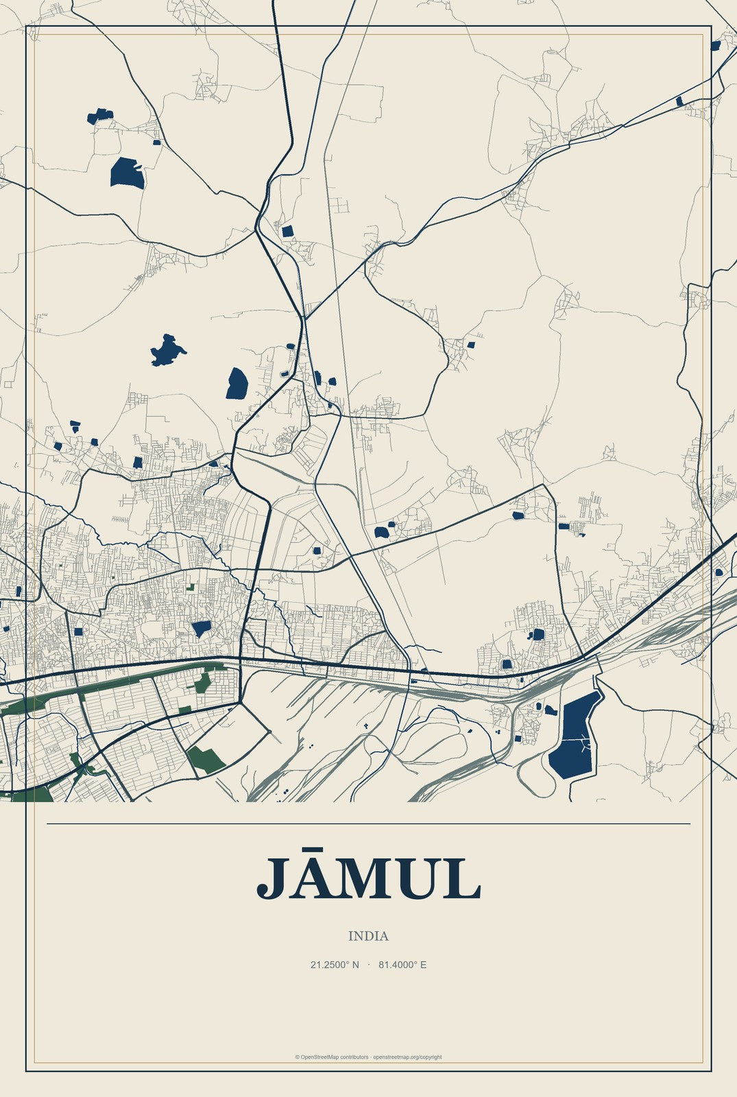Jāmul, India City Map Aluminum Sign in Coastal Cutout style