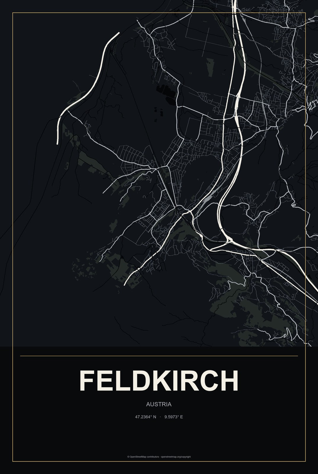 Feldkirch, Austria City Map Aluminum Sign in Metropolitan Noir style
