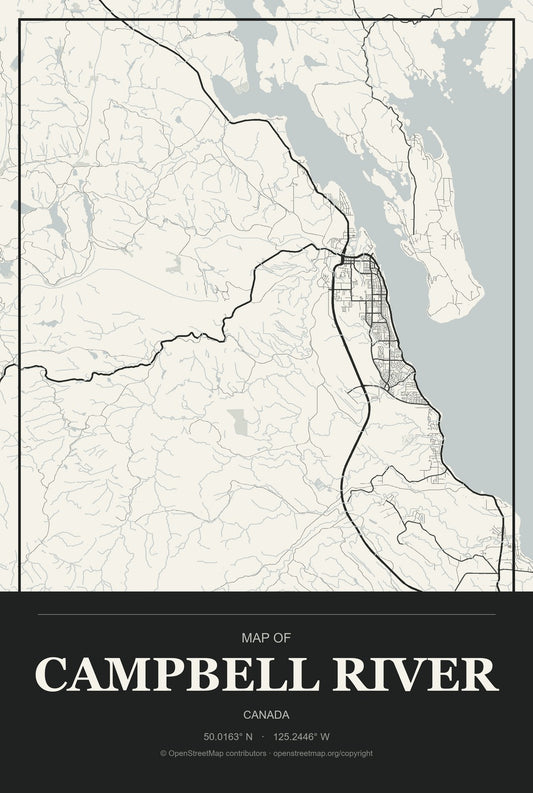Campbell River, Canada City Map Aluminum Sign in Museum Plaque style