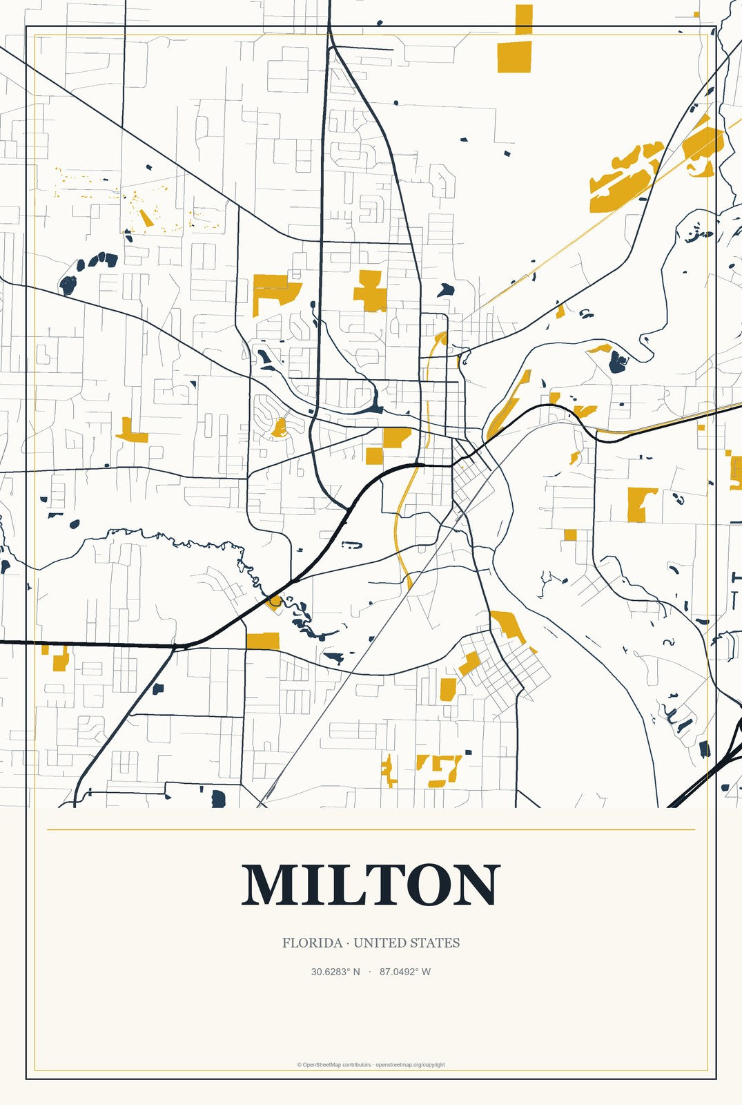 Milton, Florida City Map Aluminum Sign in Citrine Modern style