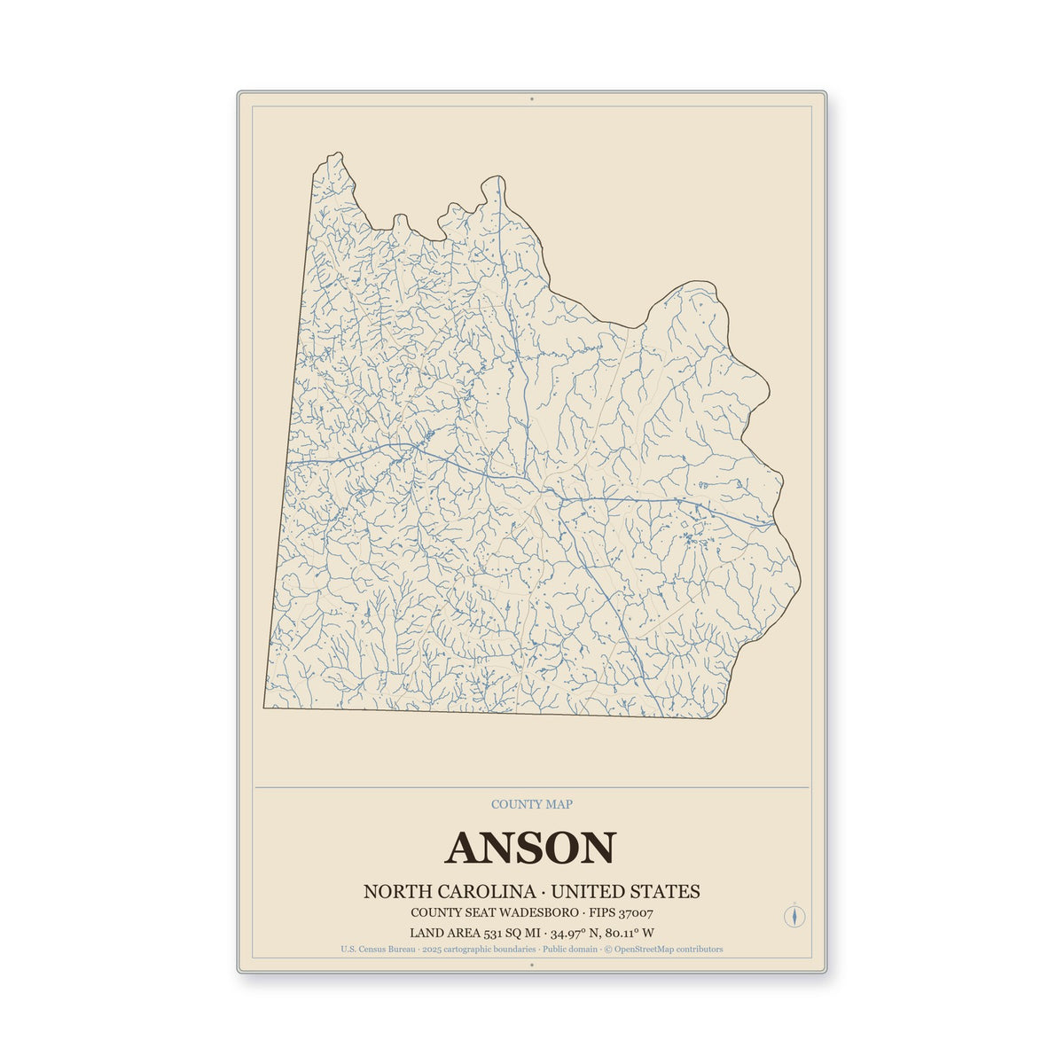 Anson County, North Carolina Map Aluminum Sign in Heritage Nautical style