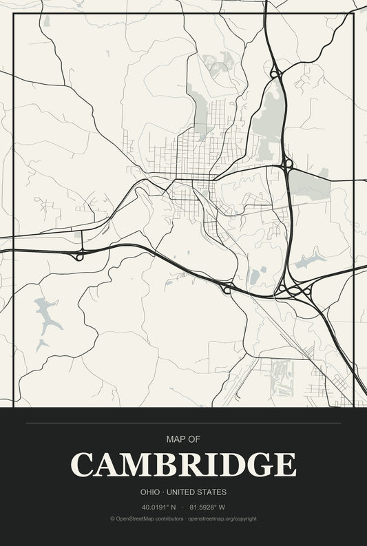 Cambridge, Ohio City Map Aluminum Sign in Museum Plaque style
