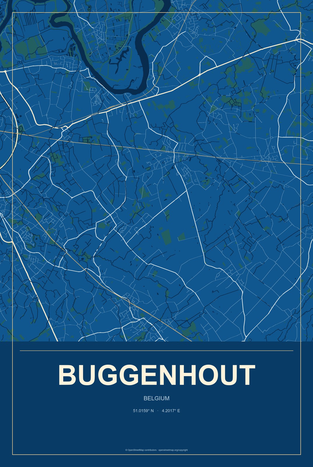 Buggenhout, Belgium City Map Aluminum Sign in Harbor Cobalt style