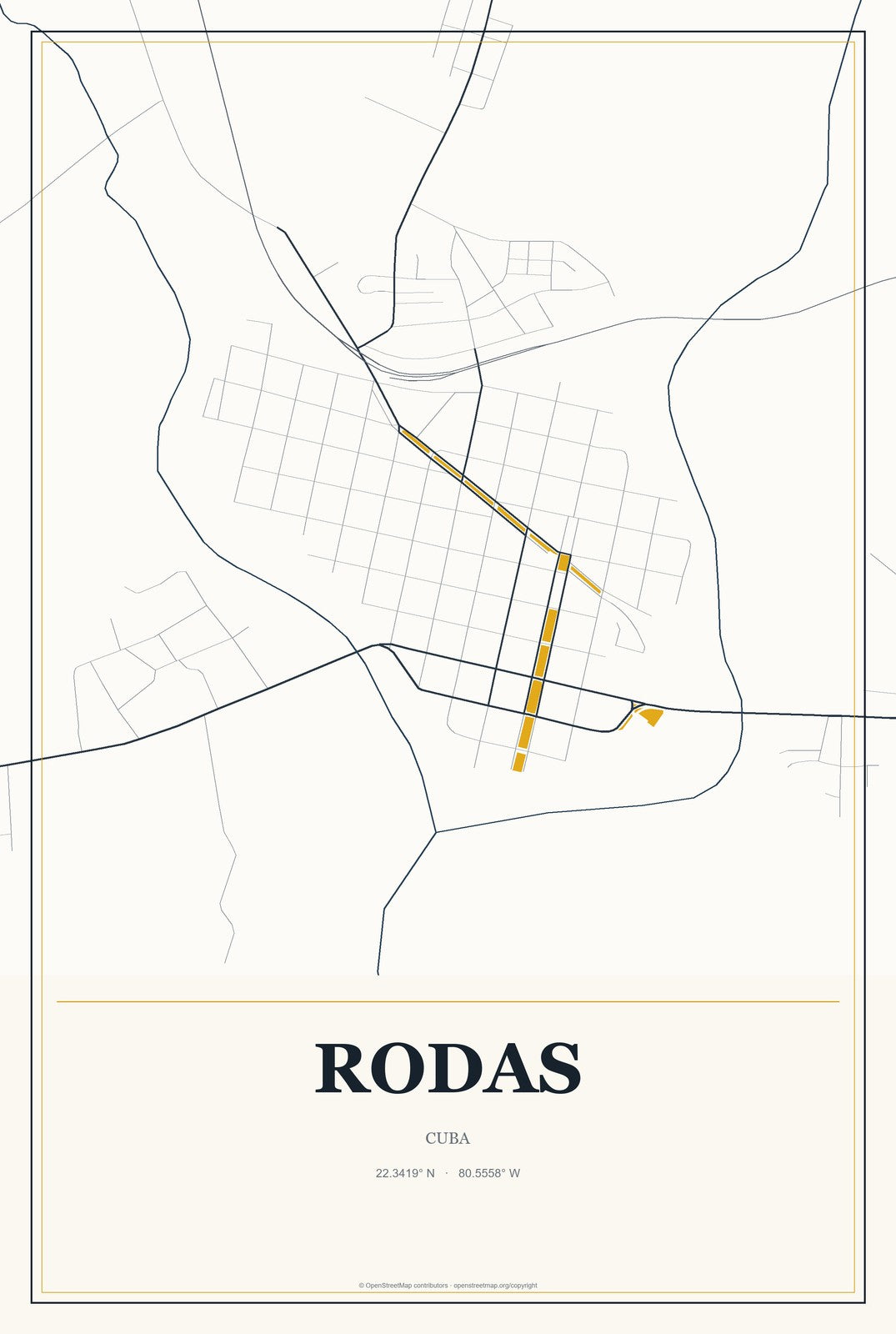 Rodas, Cuba City Map Aluminum Sign in Citrine Modern style