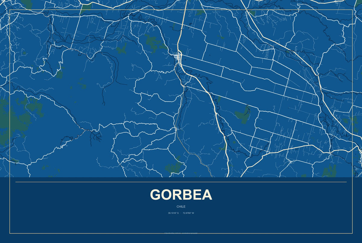 Gorbea, Chile City Map Aluminum Sign in Harbor Cobalt style