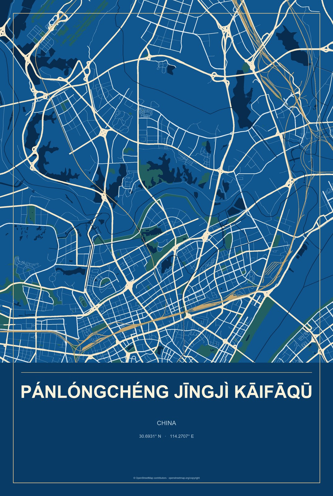 Pánlóngchéng Jīngjì Kāifāqū, China City Map Aluminum Sign in Harbor Cobalt style