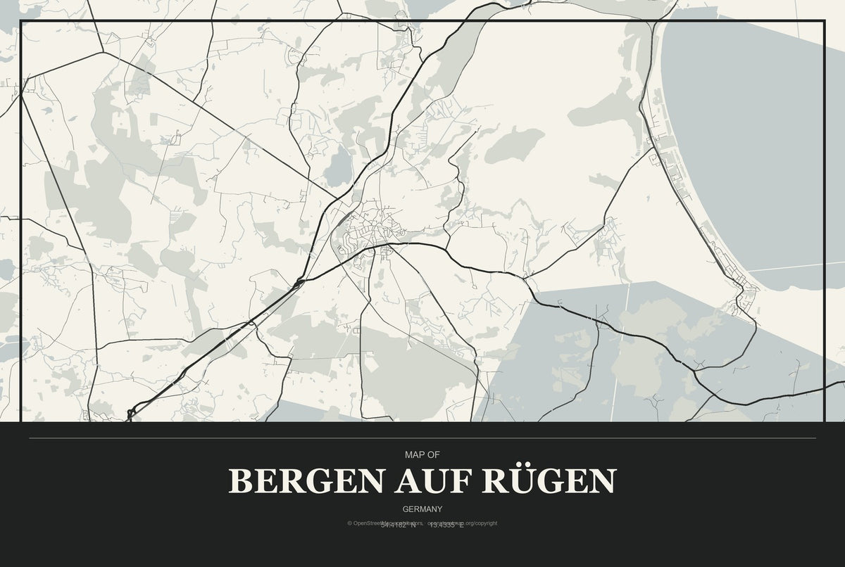 Bergen auf Rügen, Germany City Map Aluminum Sign in Museum Plaque style