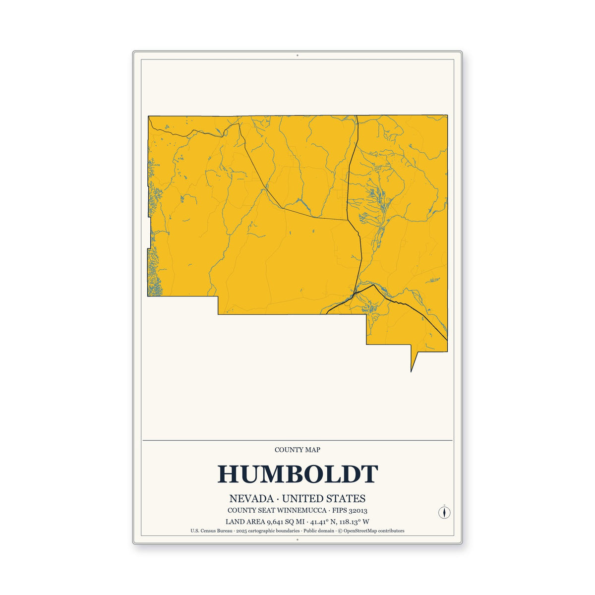 Humboldt County, Nevada Map Aluminum Sign in Citrine Modern style