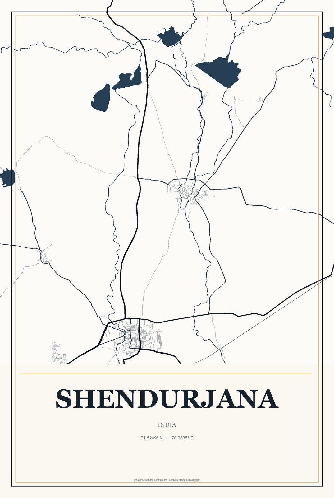 Shendurjana, India City Map Aluminum Sign in Citrine Modern style