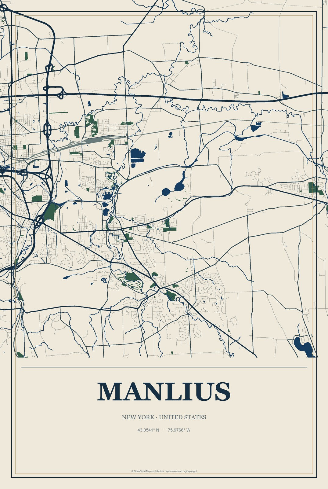 Manlius, New York City Map Aluminum Sign in Coastal Cutout style